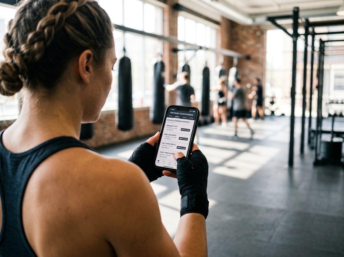 Deportista en gimnasio reservando su clase de boxeo desde la aplicación móvil